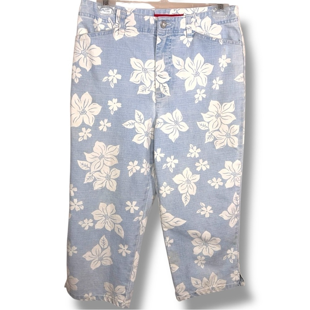Petite 10 Gloria Vanderbilt Capri Pants Blue White Floral Tropical Pastel Cotton